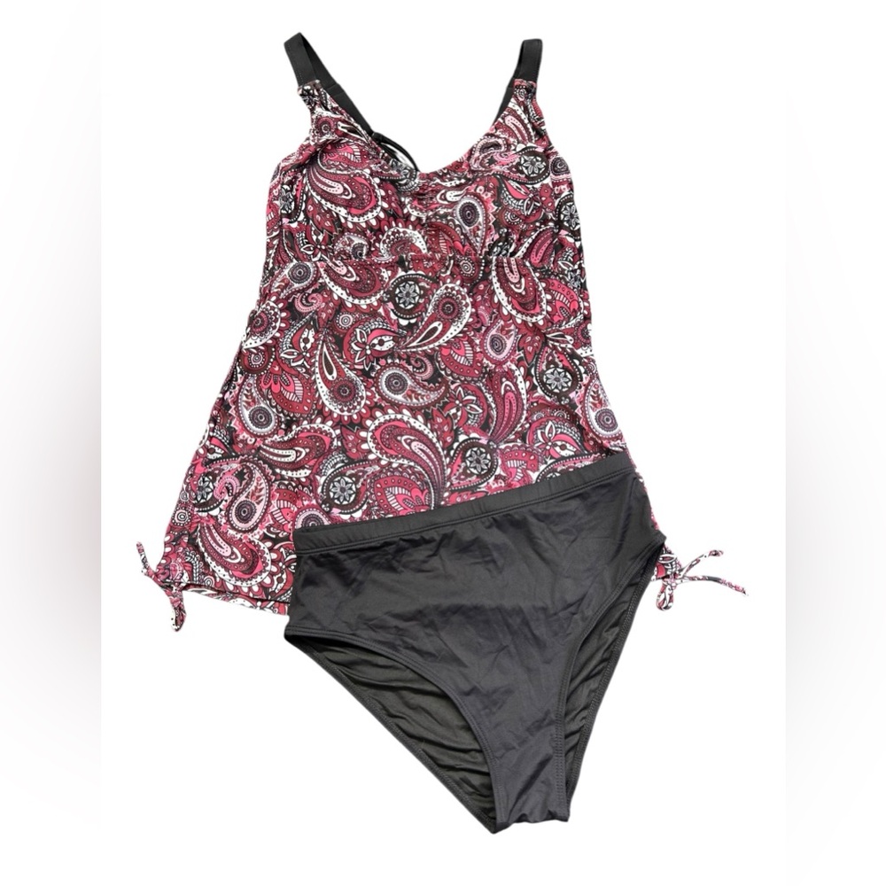 TEMPT ME women’s modest paisley cross back tankini top w solid black swim bottom